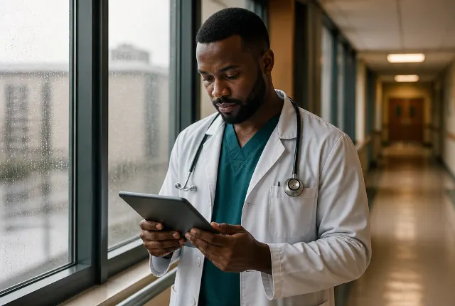 Illustrative scene: a Nigerian male doctor reading registration paperwork on a tablet in a quiet British hospital corridor with rain on the windows