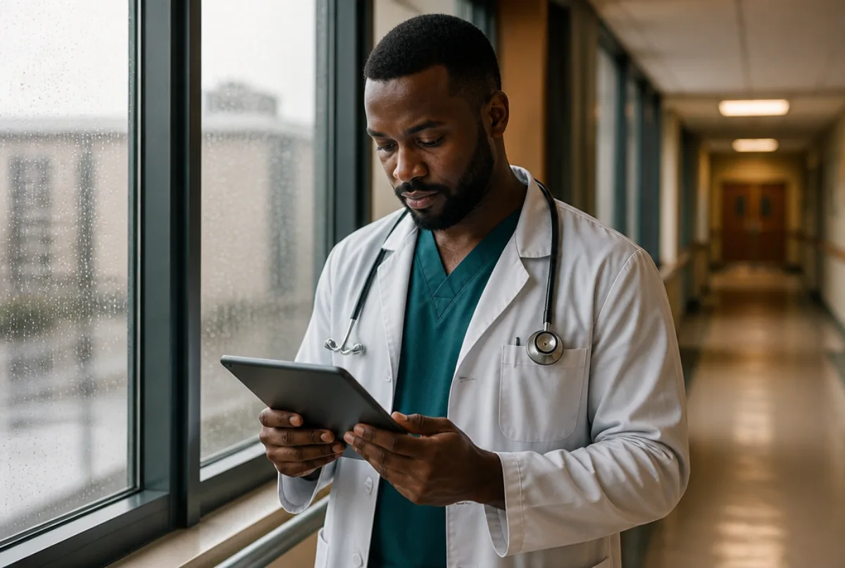 Illustrative scene: a Nigerian male doctor reading registration paperwork on a tablet in a quiet British hospital corridor with rain on the windows