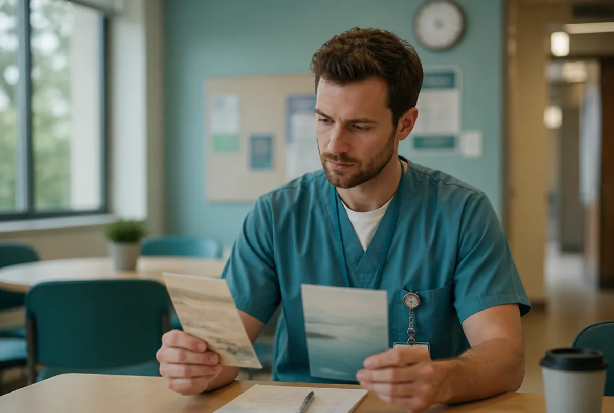 Illustrative scene: a nurse holding two benefits brochures and comparing them thoughtfully in a staff room