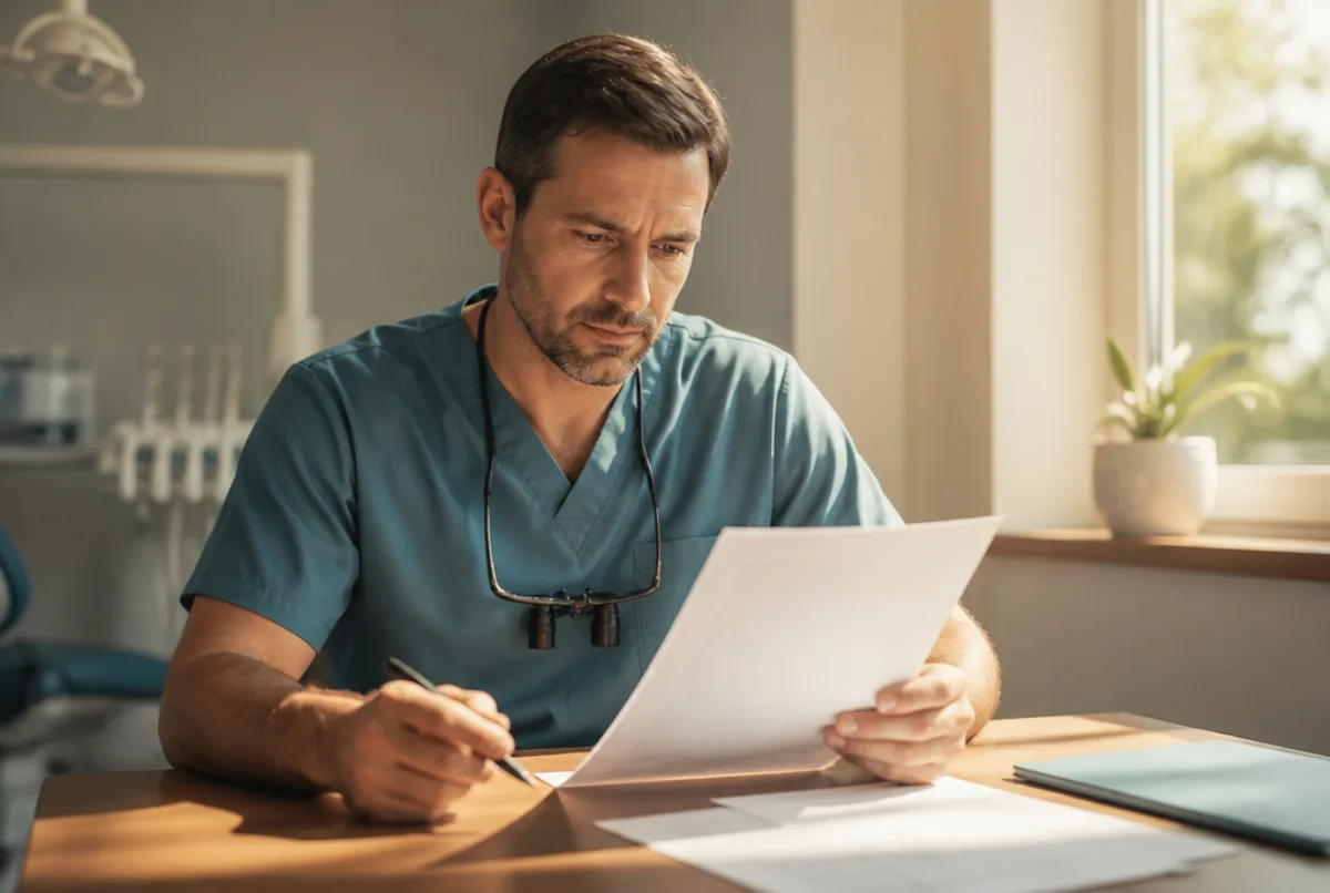 Illustrative scene: a dentist reading an employment contract carefully at a table with a pen, sunlight from a window