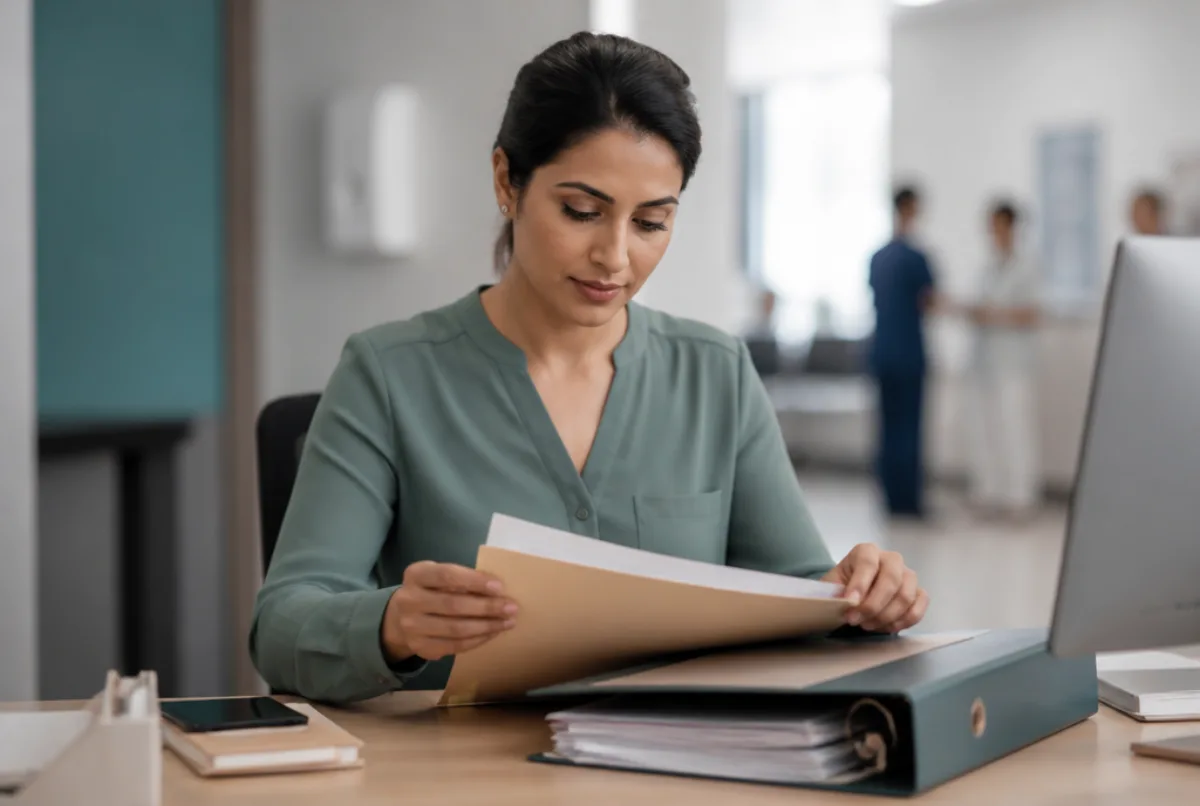 Illustrative scene: a hospital HR officer preparing a sponsorship checklist folder at a desk with a compliance binder