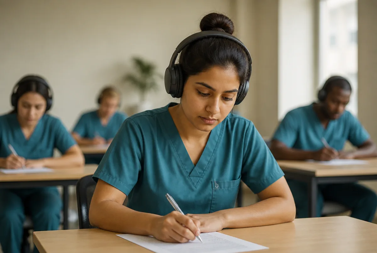 Illustrative scene: a nurse taking an English language test in a quiet exam room with headphones, other candidates in the background