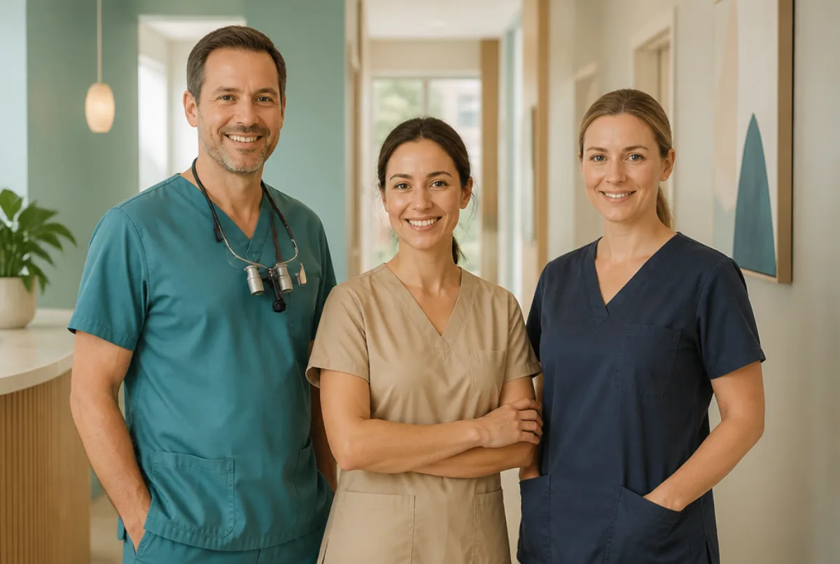 Illustrative scene: an orthodontist, a specialist dentist and a dental therapist standing together in a clinic corridor, distinct uniforms, friendly team portrait